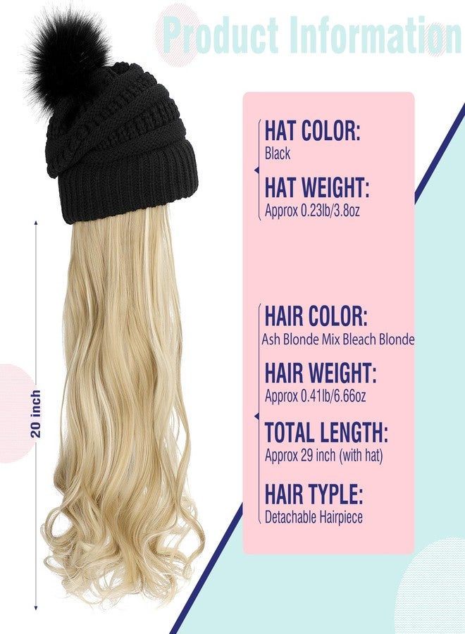 Lansigreen Hat Wig Beanie Hat with Hair Long Wavy Extensions Knit Pom Pom Hat Attached 20" Synthetic Removable Hairpiece for Women Winter Ash Blonde Mix Bleach Blonde - Image 5